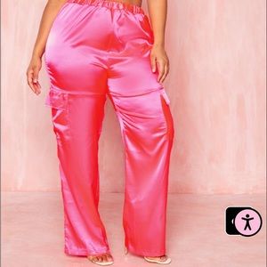 Plus Hot Pink Satin Cargo Pants